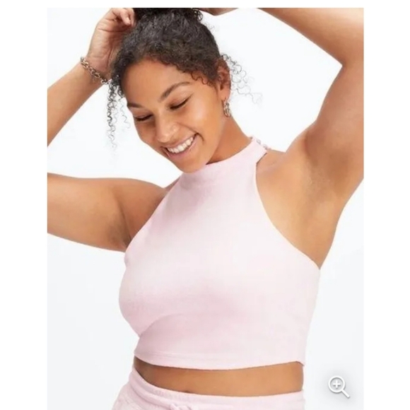 Fabletics terry  lined  high neck crop top baby pink racer back xl - Picture 1 of 12